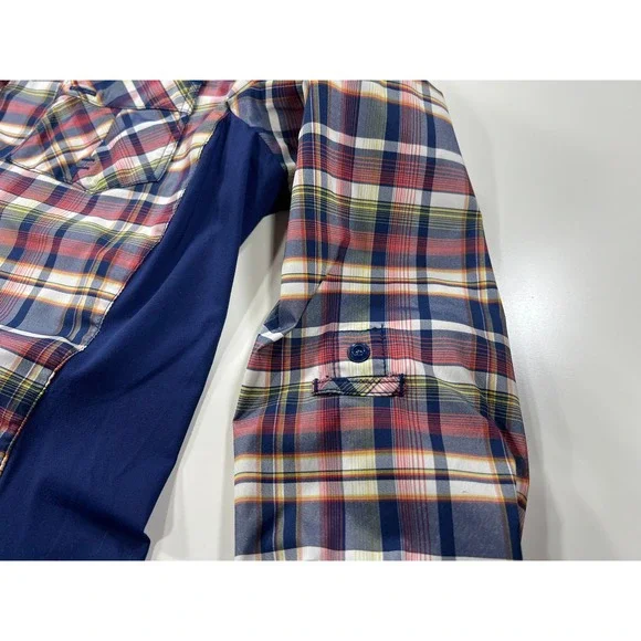 REI Co-op Women's Medium Blue Plaid Button Up Vented Hiking Shirt Roll Tab L/S - Picture 4 of 11